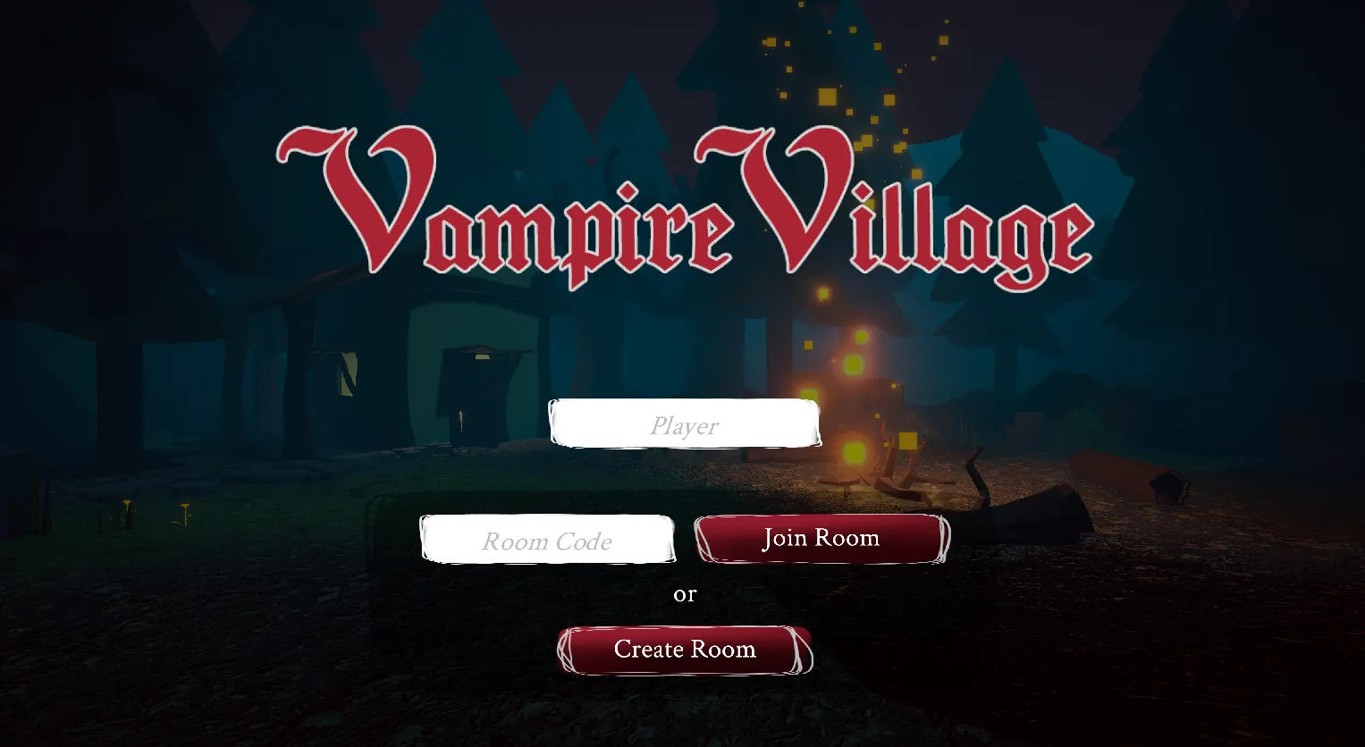 Vampire Village's main menu. Player can create a new lobby or join with a lobby code.